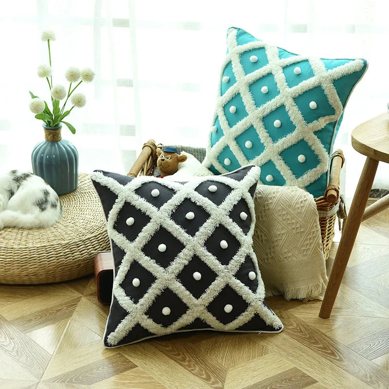 Creative Home ball pillow tufted Moroccan cushion cover in cotton hemp blend 45x45cm black white blue