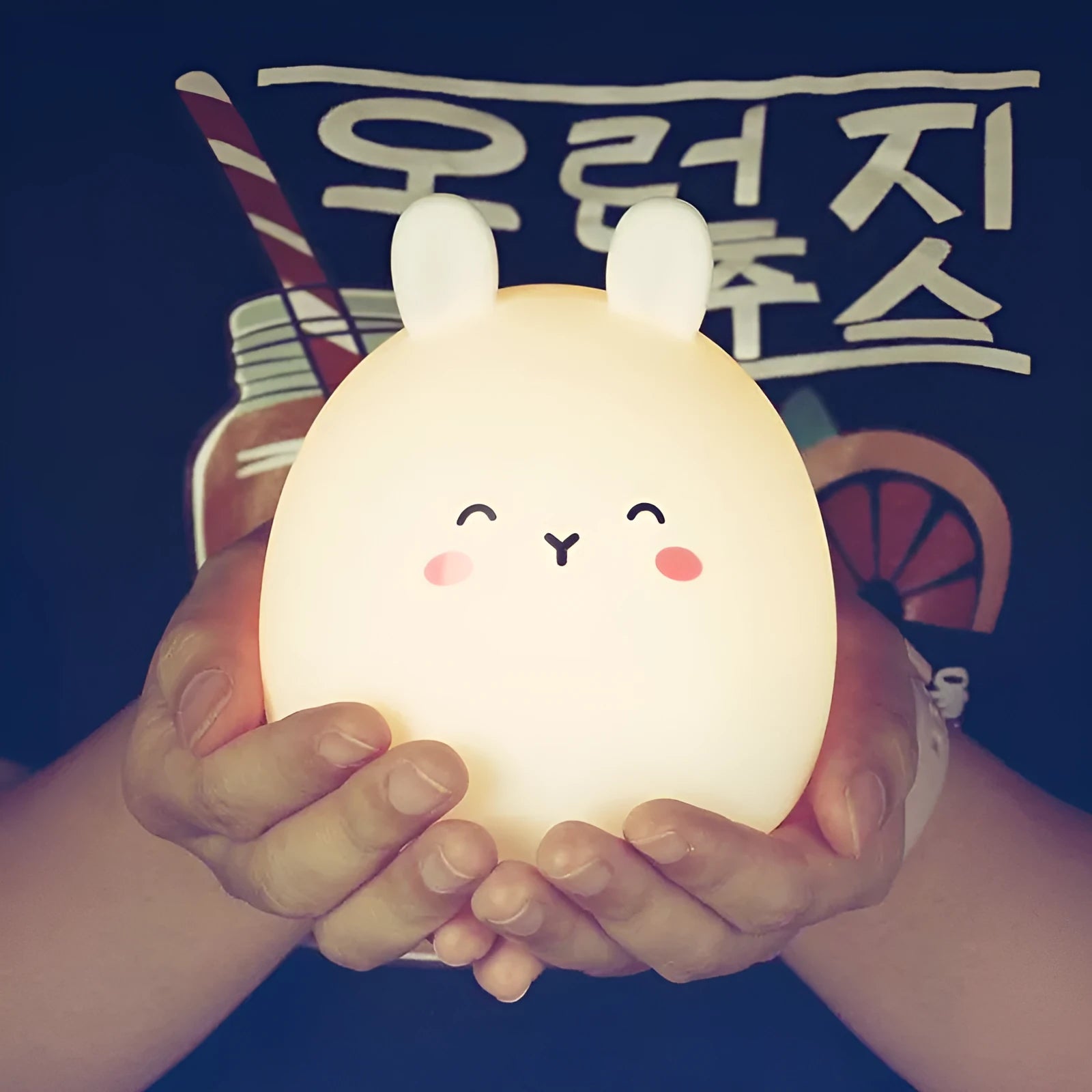 Silicone cute rabbit rechargeable night light in soft glow with USB cable, 102x110mm cartoon style