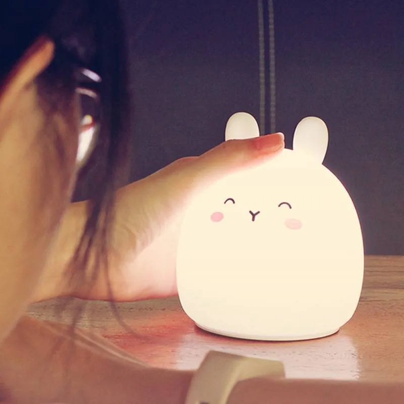 Silicone cute rabbit rechargeable night light in soft glow with USB cable, 102x110mm cartoon style