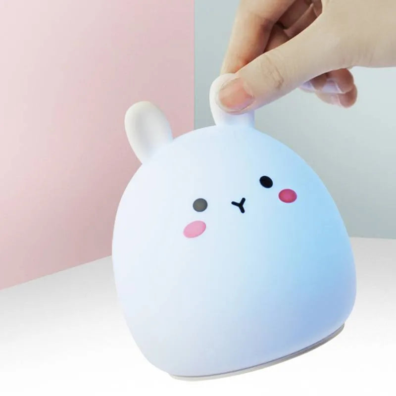 Silicone cute rabbit rechargeable night light in soft glow with USB cable, 102x110mm cartoon style