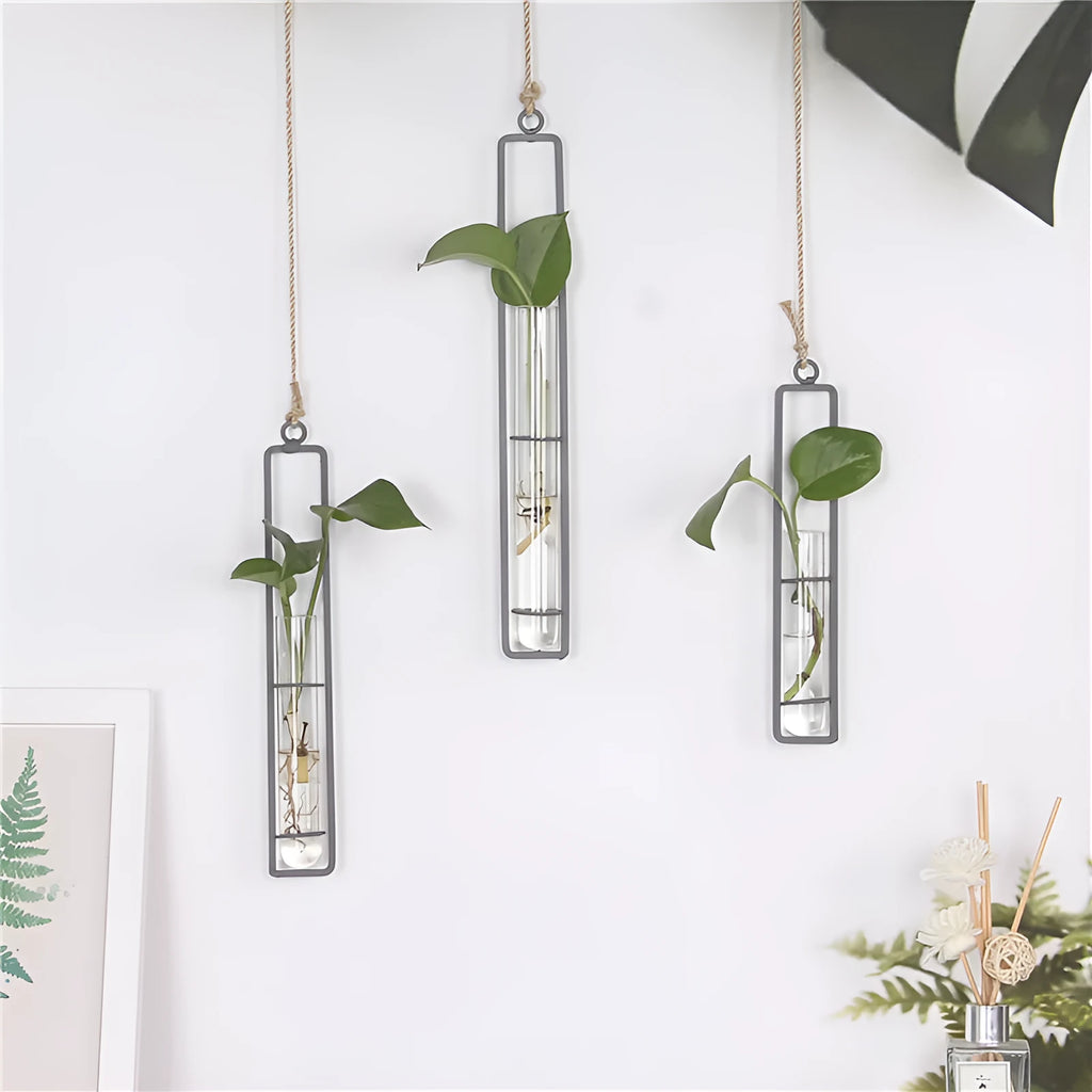Glass hydroponic vase with wrought iron frame, bionic grey finish, hanging test tube with hemp rope