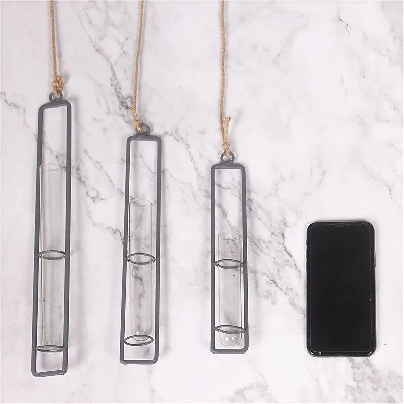 Glass hydroponic vase with wrought iron frame, bionic grey finish, hanging test tube with hemp rope