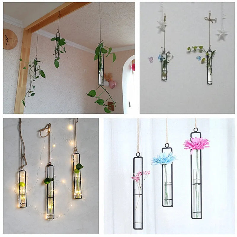 Glass hydroponic vase with wrought iron frame, bionic grey finish, hanging test tube with hemp rope