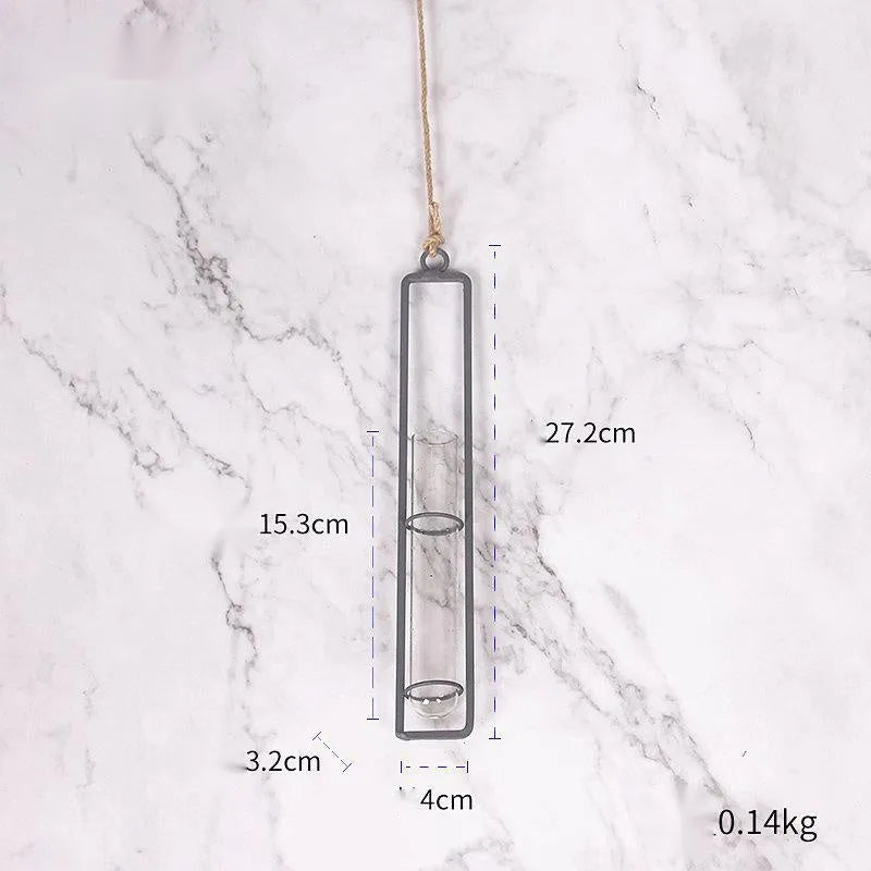 Glass hydroponic vase with wrought iron frame, bionic grey finish, hanging test tube with hemp rope
