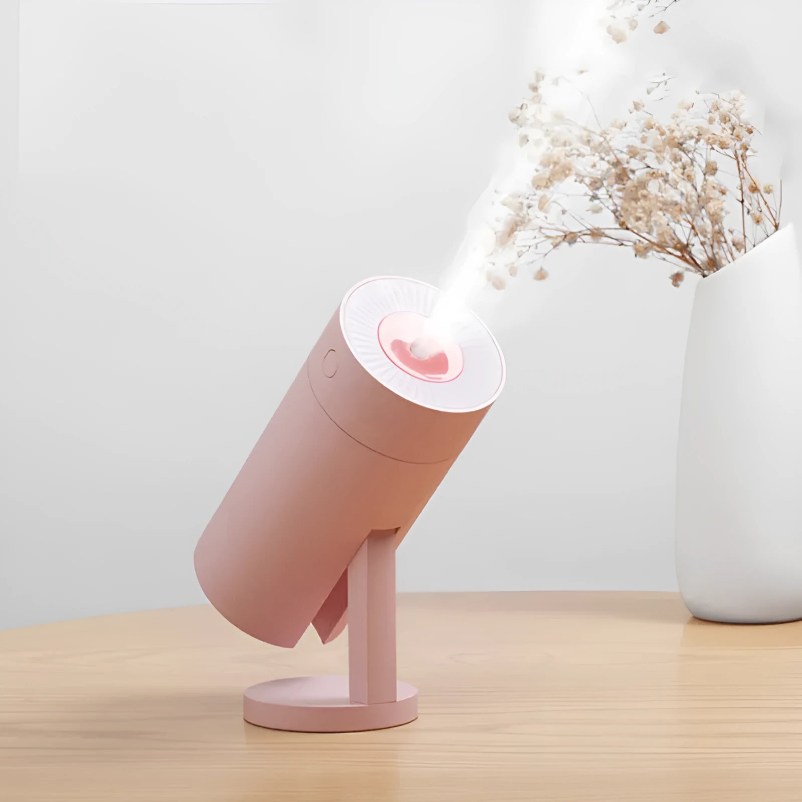 White USB desktop humidifier with folding bracket extended, showing compact 70x70mm base and 156mm height