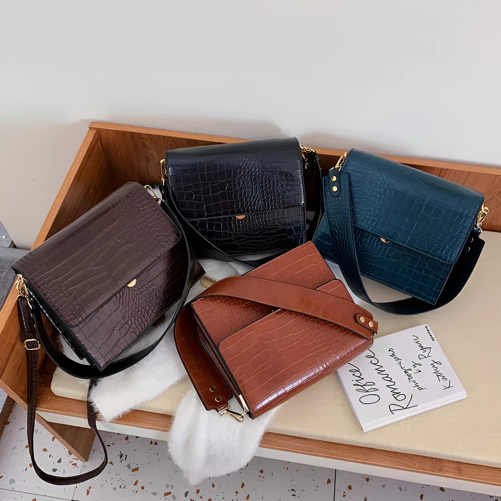Stone pattern small square shoulder bag with double strap in blue colour