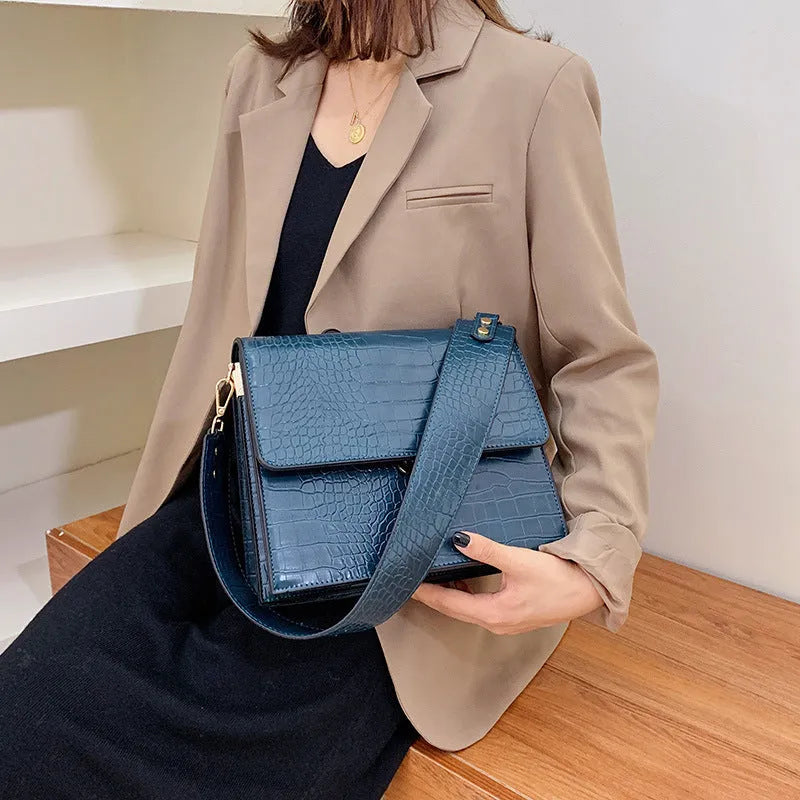 Stone pattern small square shoulder bag with double strap in blue colour