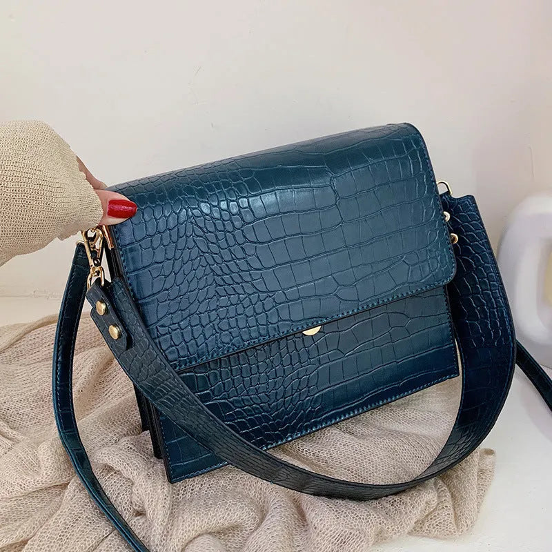 Stone pattern small square shoulder bag with double strap in blue colour