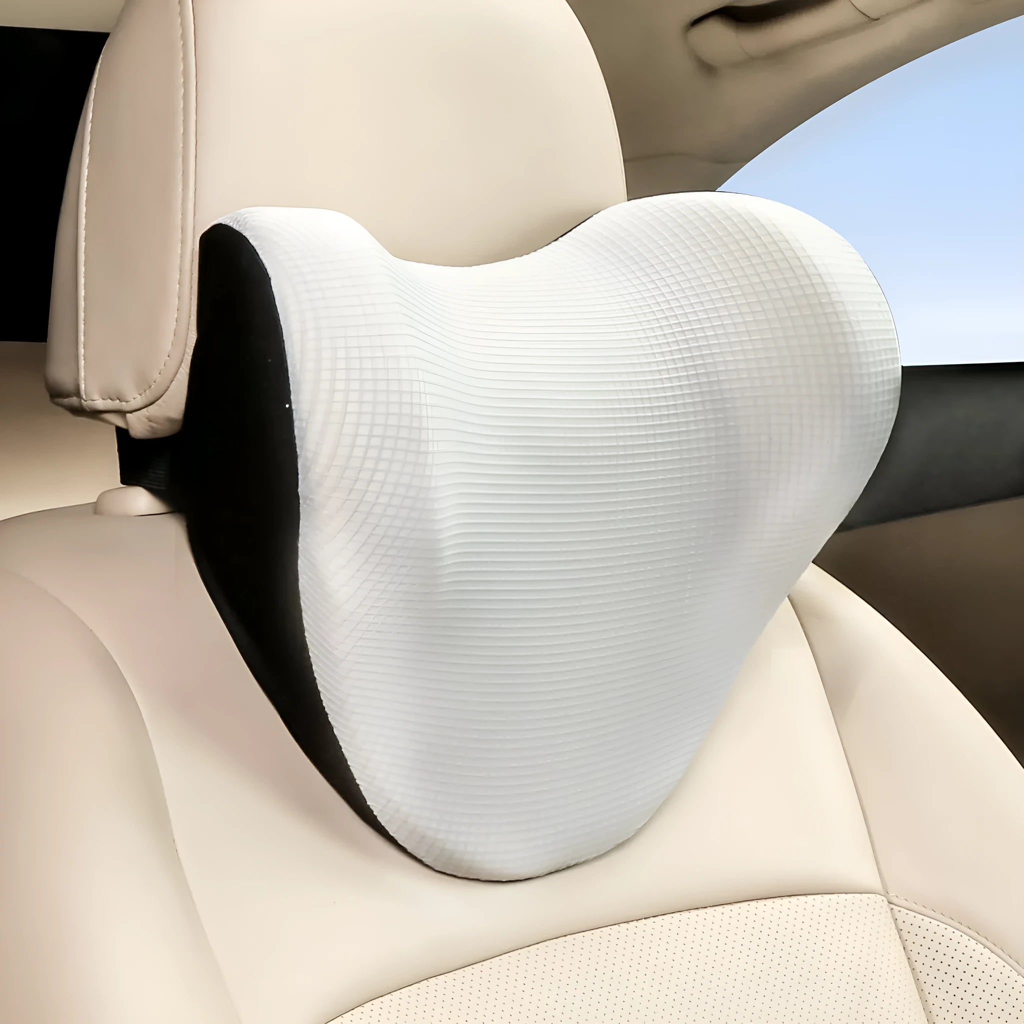 Car neck pillow with ice wire breathable cover and memory cotton filling, 28x29x15cm, black colour