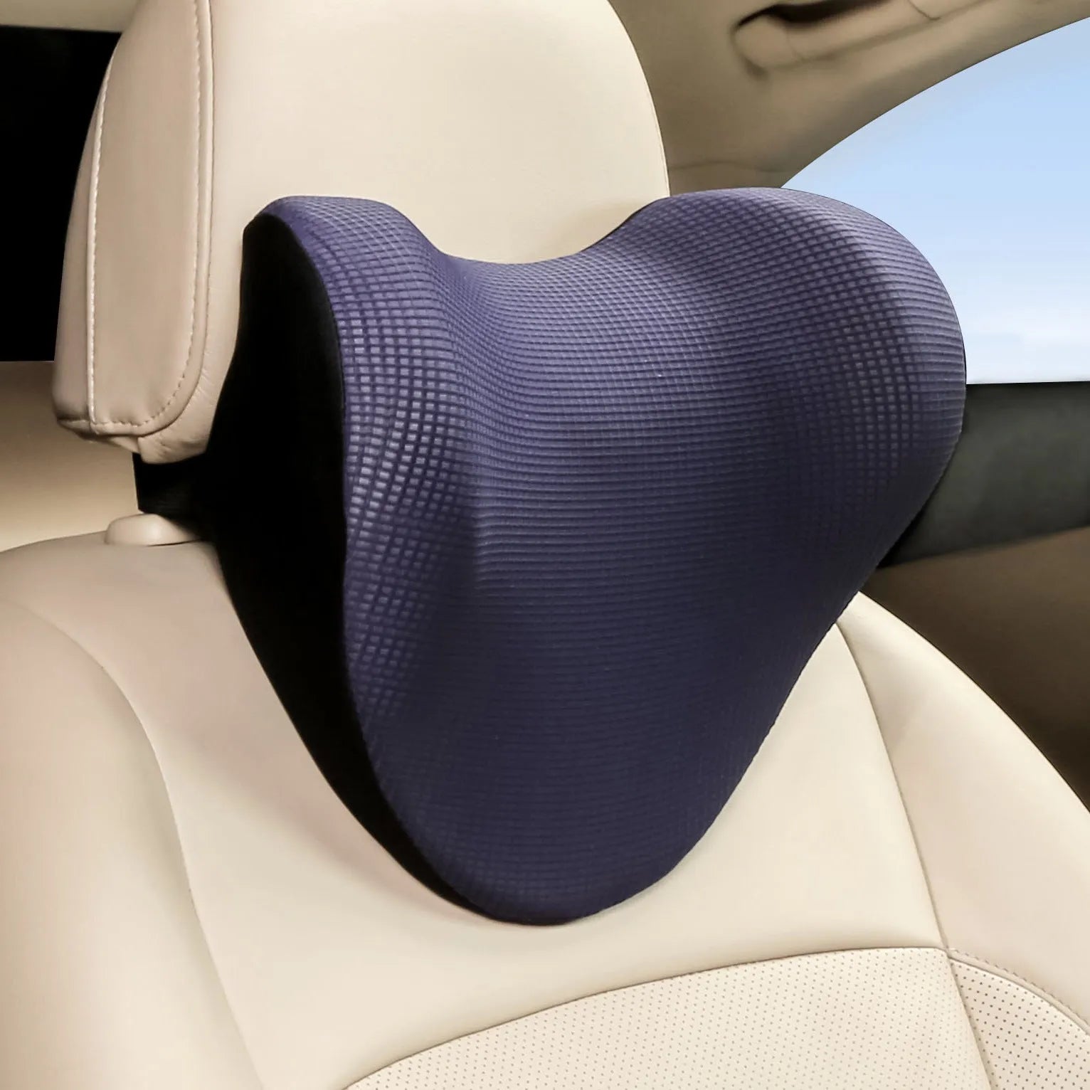 Car neck pillow with ice wire breathable cover and memory cotton filling, 28x29x15cm, black colour