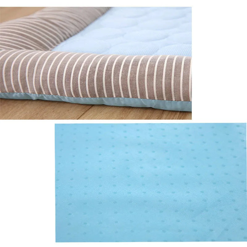 Blue pet cooling pad bed made of ice silk fabric with non-slip base for dogs and cats