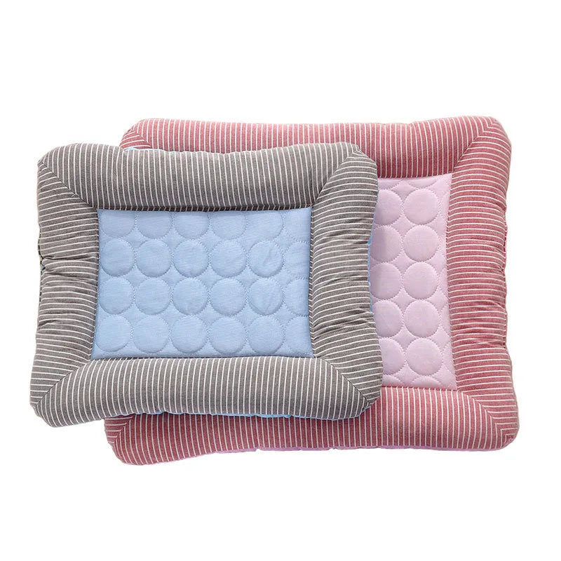 Blue pet cooling pad bed made of ice silk fabric with non-slip base for dogs and cats