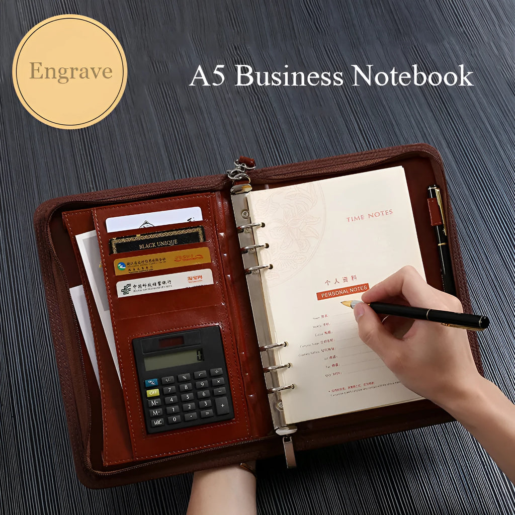A5 PU business manager folder with zipper, available with 8-digit calculator and 100 yellow inner core pages or empty shell zipper bag