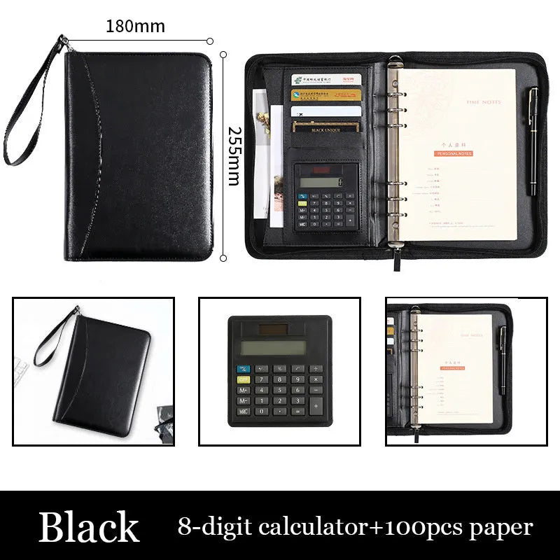A5 PU business manager folder with zipper, available with 8-digit calculator and 100 yellow inner core pages or empty shell zipper bag