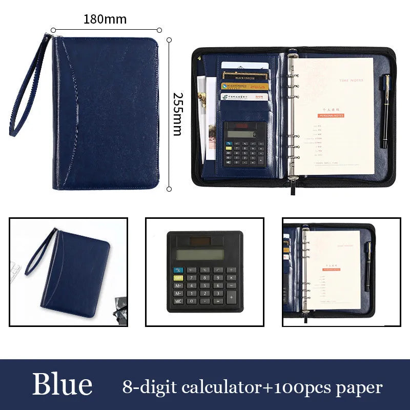 A5 PU business manager folder with zipper, available with 8-digit calculator and 100 yellow inner core pages or empty shell zipper bag