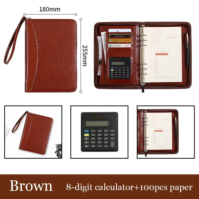 A5 PU business manager folder with zipper, available with 8-digit calculator and 100 yellow inner core pages or empty shell zipper bag