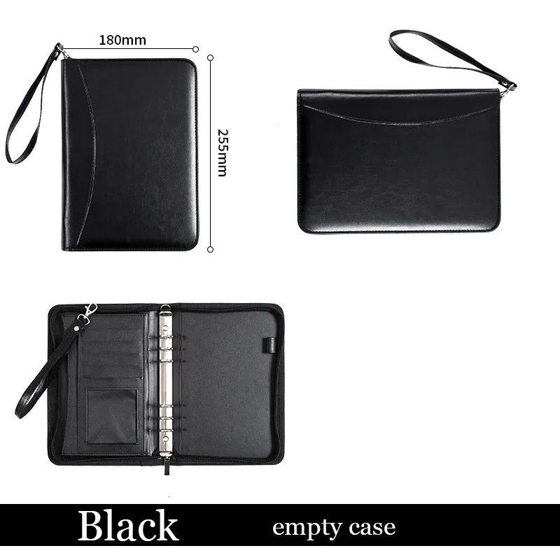 A5 PU business manager folder with zipper, available with 8-digit calculator and 100 yellow inner core pages or empty shell zipper bag