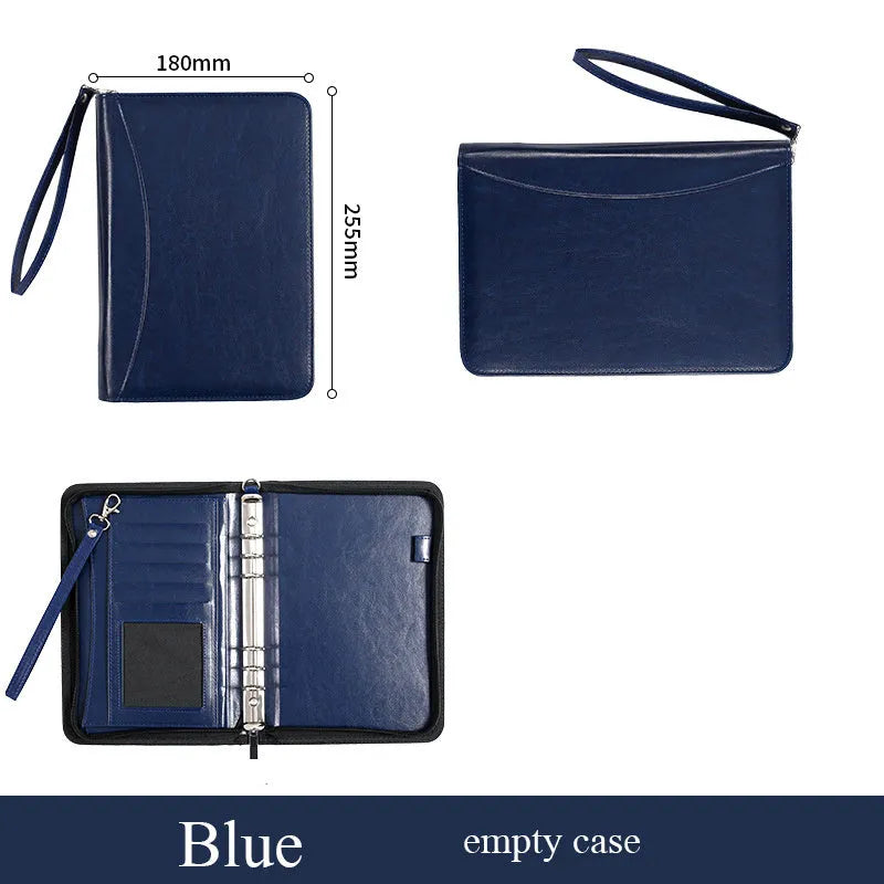 A5 PU business manager folder with zipper, available with 8-digit calculator and 100 yellow inner core pages or empty shell zipper bag