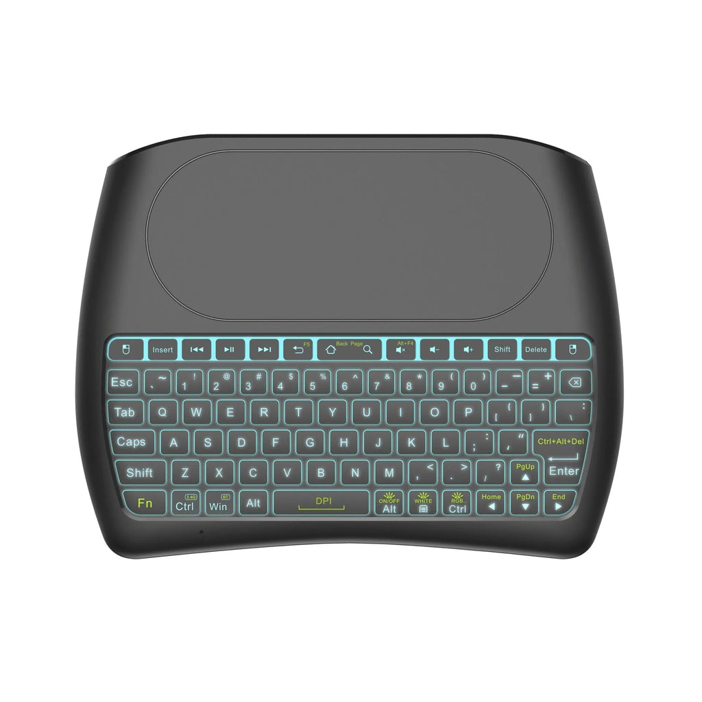 D8 mini keyboard with seven-colour backlight, dual-mode Bluetooth and 2.4G, palm-sized design, black keys