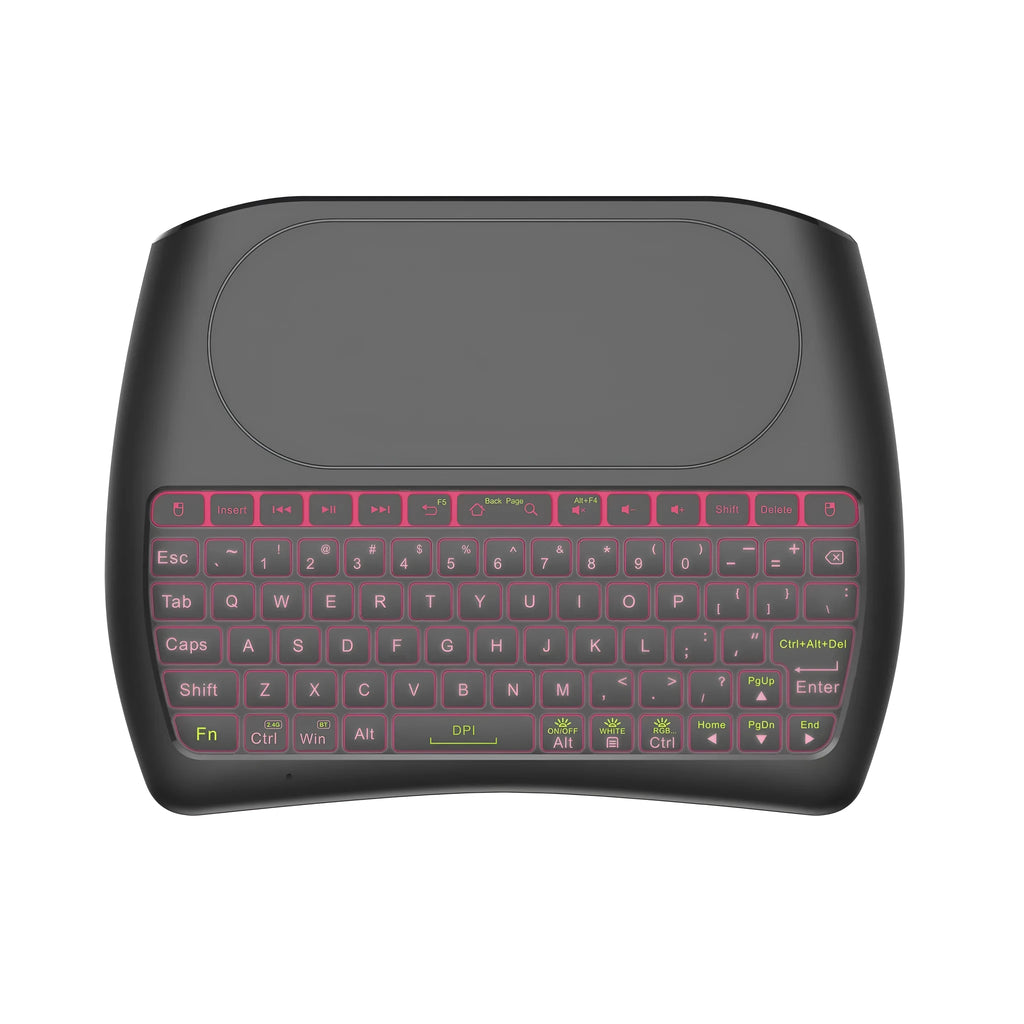 D8 mini keyboard with seven-colour backlight, dual-mode Bluetooth and 2.4G, palm-sized design, black keys