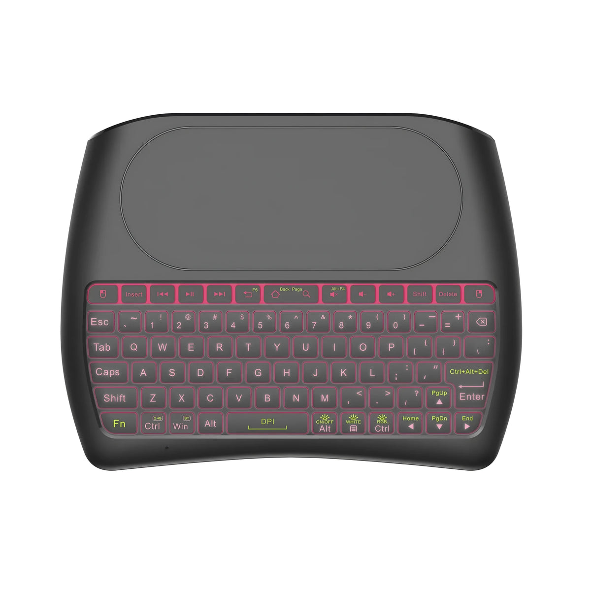 D8 mini keyboard with seven-colour backlight, dual-mode Bluetooth and 2.4G, palm-sized design, black keys