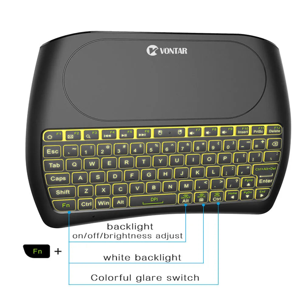 D8 mini keyboard with seven-colour backlight, dual-mode Bluetooth and 2.4G, palm-sized design, black keys