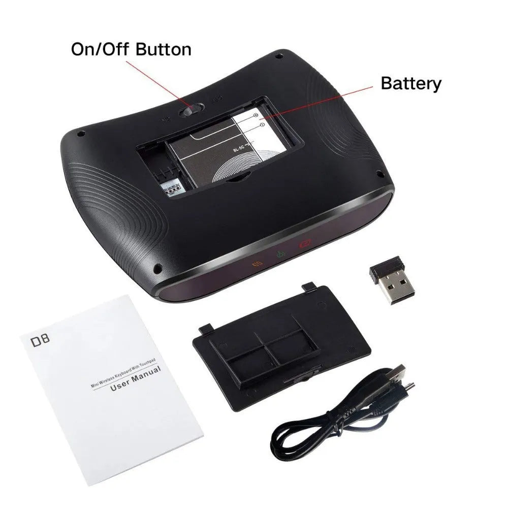 D8 mini keyboard with seven-colour backlight, dual-mode Bluetooth and 2.4G, palm-sized design, black keys