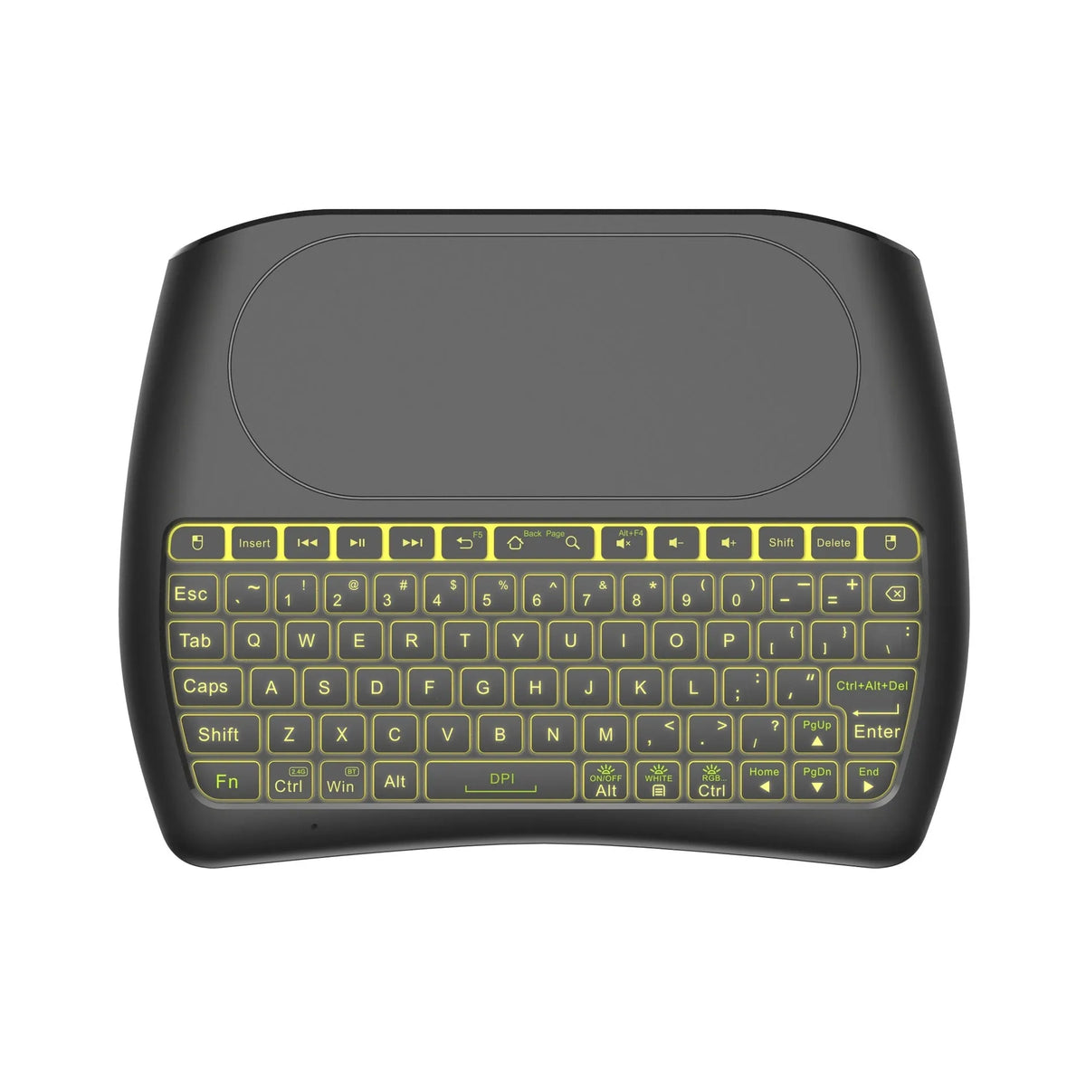 D8 mini keyboard with seven-colour backlight, dual-mode Bluetooth and 2.4G, palm-sized design, black keys