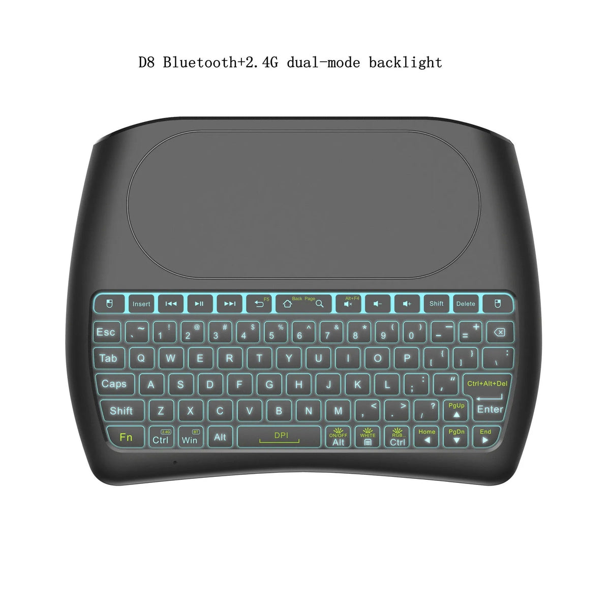 D8 mini keyboard with seven-colour backlight, dual-mode Bluetooth and 2.4G, palm-sized design, black keys