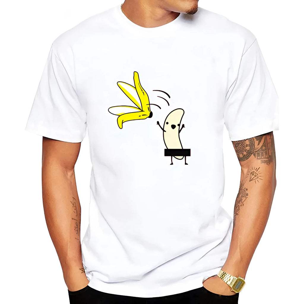 Cute banana peel printed white modal t-shirt on model, front view, available in multiple sizes