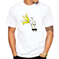 Cute banana peel printed white modal t-shirt on model, front view, available in multiple sizes