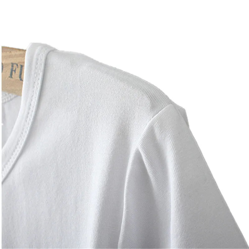 Cute banana peel printed white modal t-shirt on model, front view, available in multiple sizes