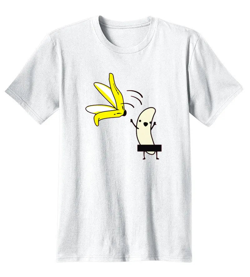 Cute banana peel printed white modal t-shirt on model, front view, available in multiple sizes