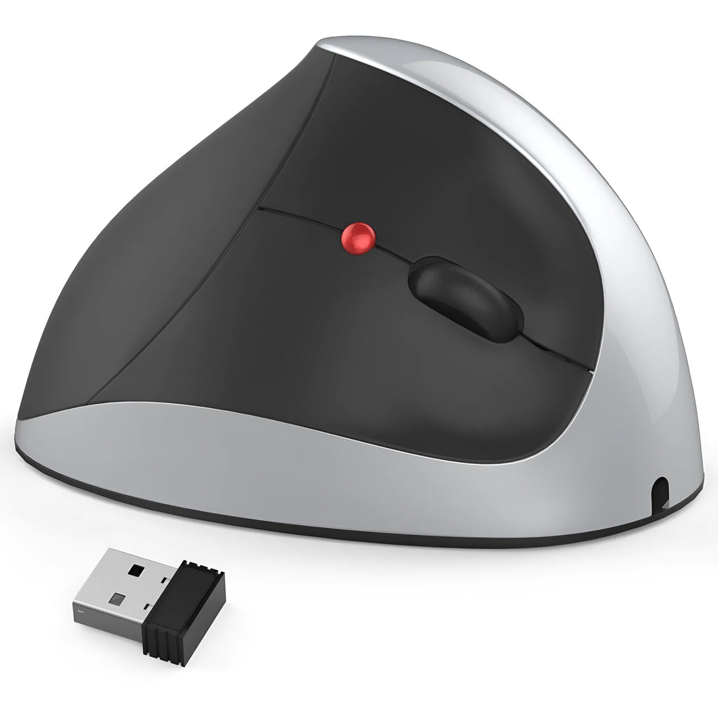 Black vertical rechargeable wireless mouse with ergonomic upright design on desk