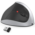 Black vertical rechargeable wireless mouse with ergonomic upright design on desk