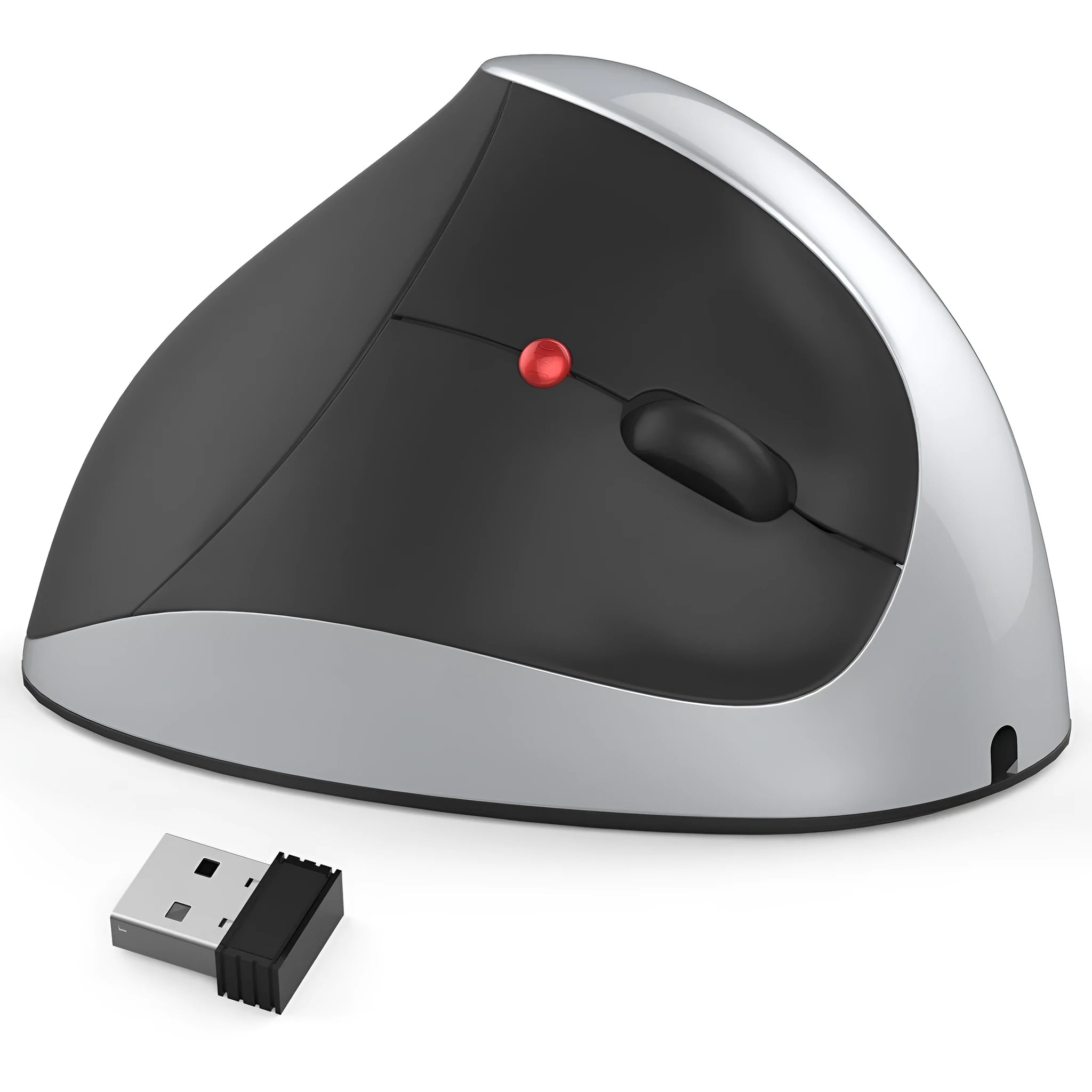Black vertical rechargeable wireless mouse with ergonomic upright design on desk