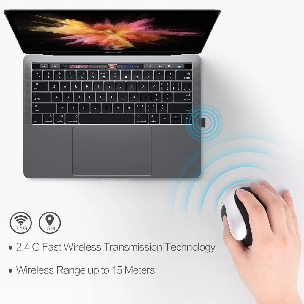 Black vertical rechargeable wireless mouse with ergonomic upright design on desk