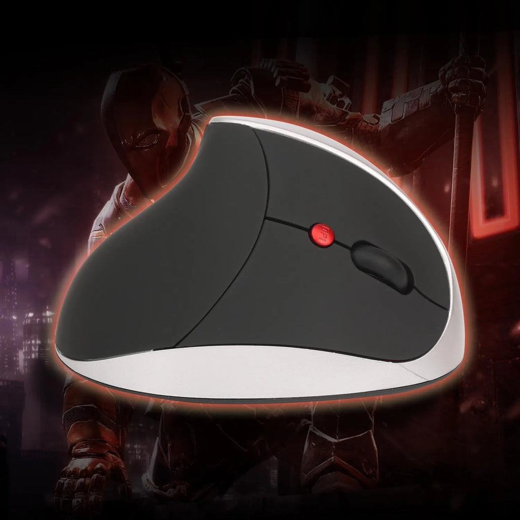 Black vertical rechargeable wireless mouse with ergonomic upright design on desk