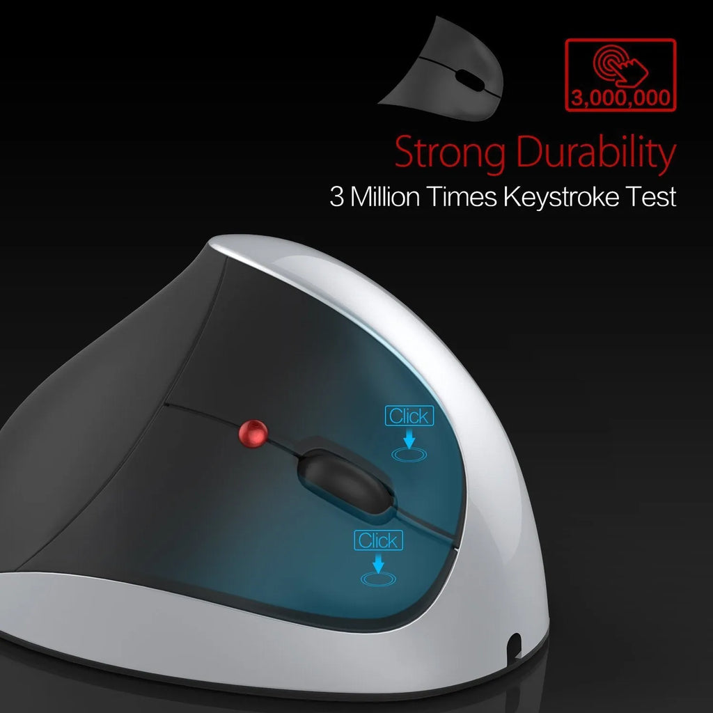 Black vertical rechargeable wireless mouse with ergonomic upright design on desk