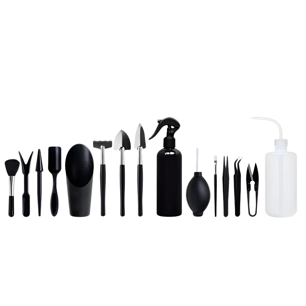 Black plastic and metal mini garden tool set with 16 pieces including tweezers, shovels, brushes, bottles, and a square work cushion for succulent care.