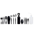 Black plastic and metal mini garden tool set with 16 pieces including tweezers, shovels, brushes, bottles, and a square work cushion for succulent care.