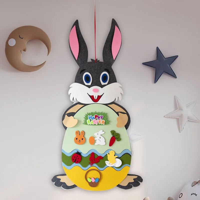 Easter DIY felt bunny pendant with detachable egg patches and letters on a light pink background