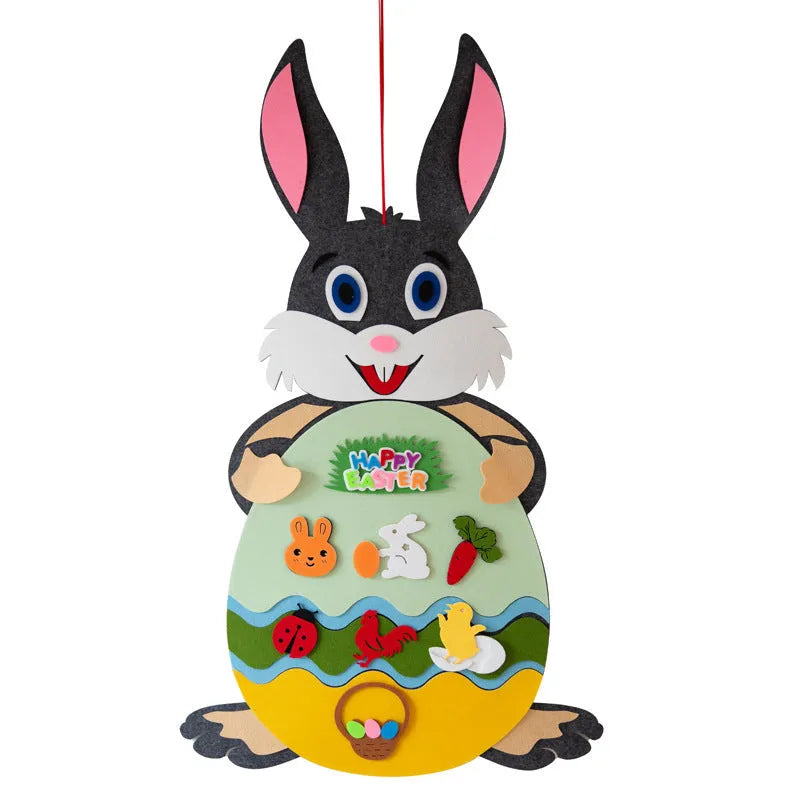 Easter DIY felt bunny pendant with detachable egg patches and letters on a light pink background