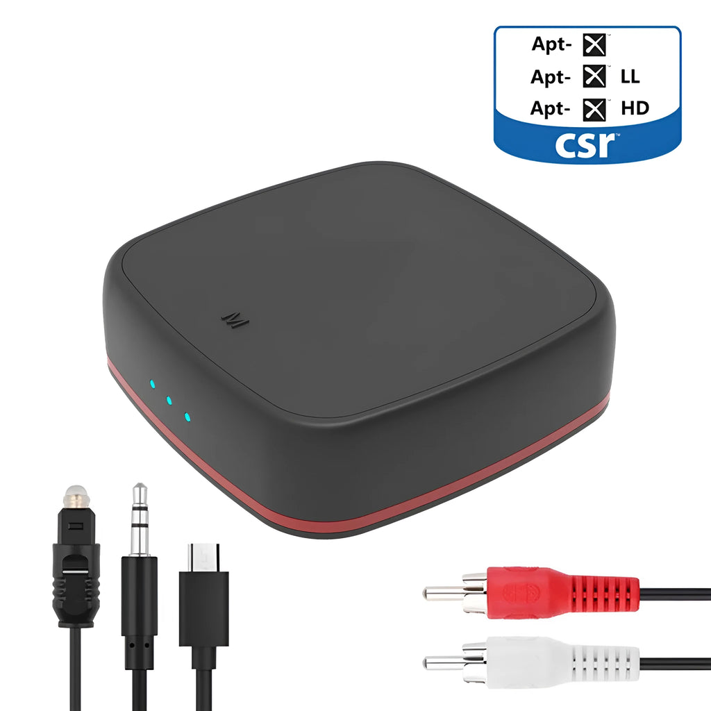 Black CSR8675 Bluetooth 5.0 audio adapter with optical and AUX ports for wireless home theatre connection.