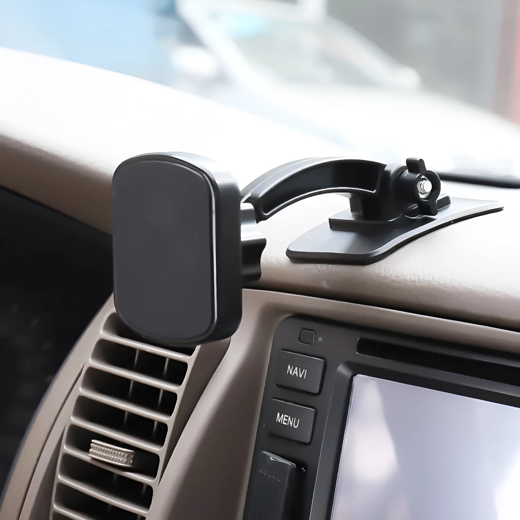 Car sticky magnet holder for mobile phone in black ABS plastic with magnetic pad