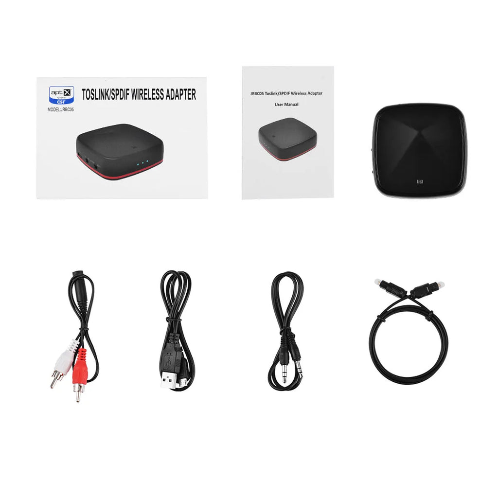 Black CSR8675 Bluetooth 5.0 audio adapter with optical and AUX ports for wireless home theatre connection.