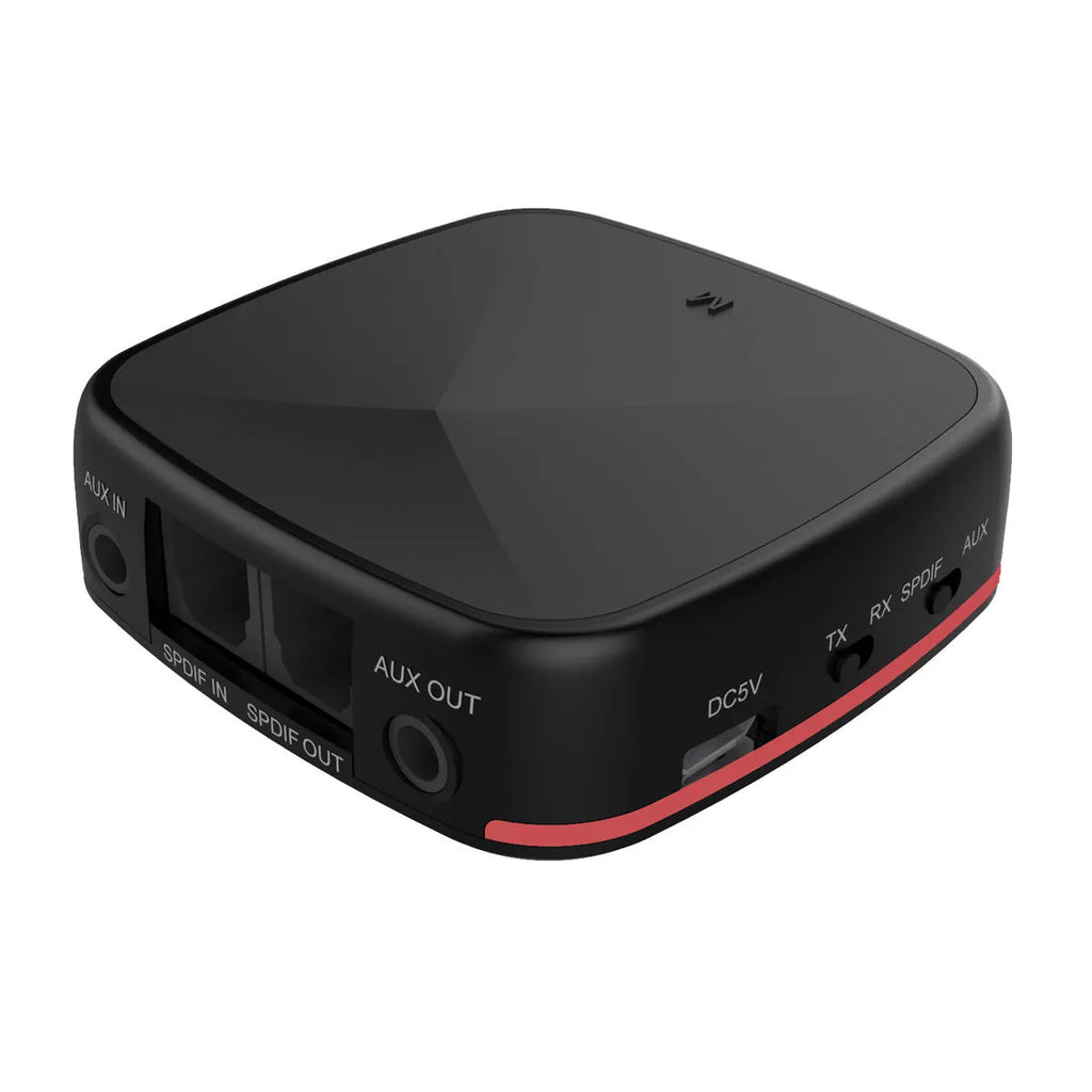 Black CSR8675 Bluetooth 5.0 audio adapter with optical and AUX ports for wireless home theatre connection.