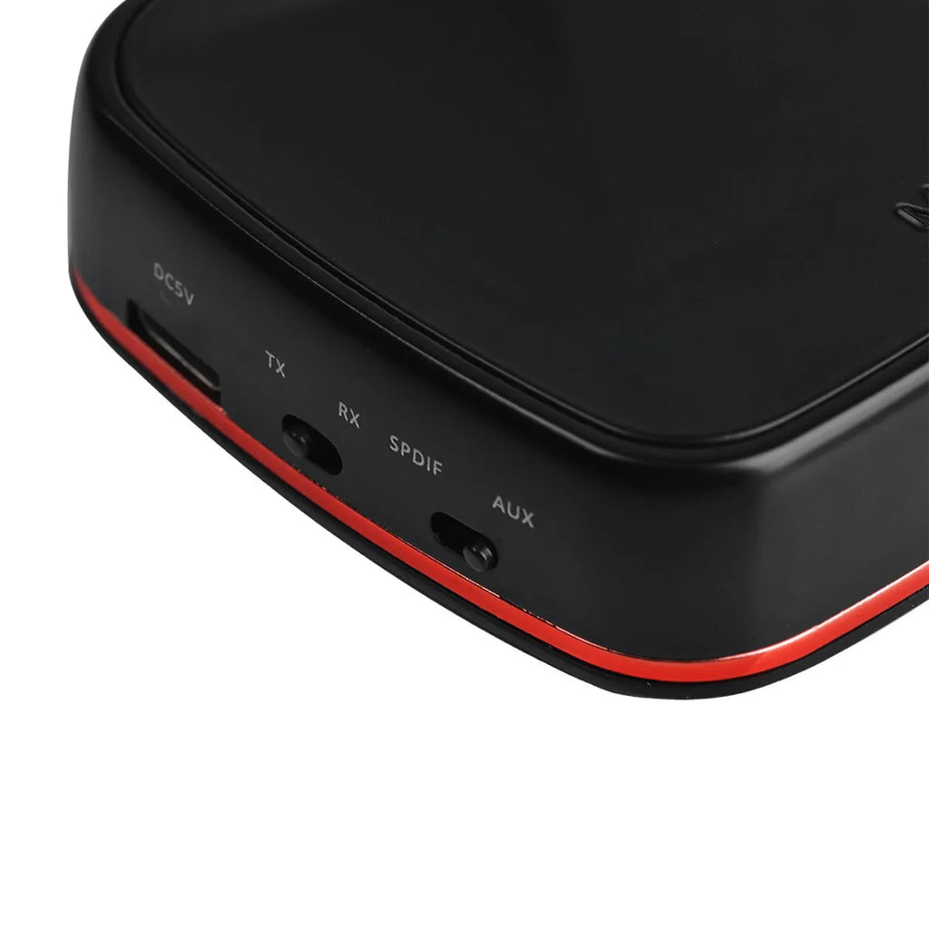 Black CSR8675 Bluetooth 5.0 audio adapter with optical and AUX ports for wireless home theatre connection.