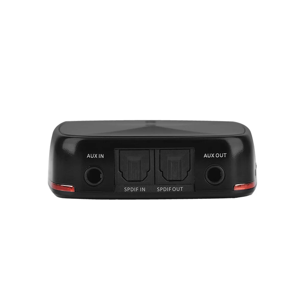 Black CSR8675 Bluetooth 5.0 audio adapter with optical and AUX ports for wireless home theatre connection.