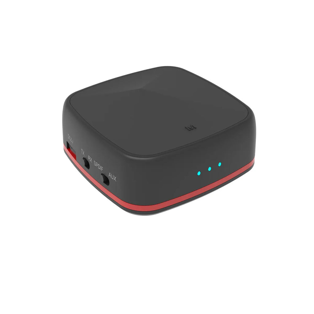 Black CSR8675 Bluetooth 5.0 audio adapter with optical and AUX ports for wireless home theatre connection.
